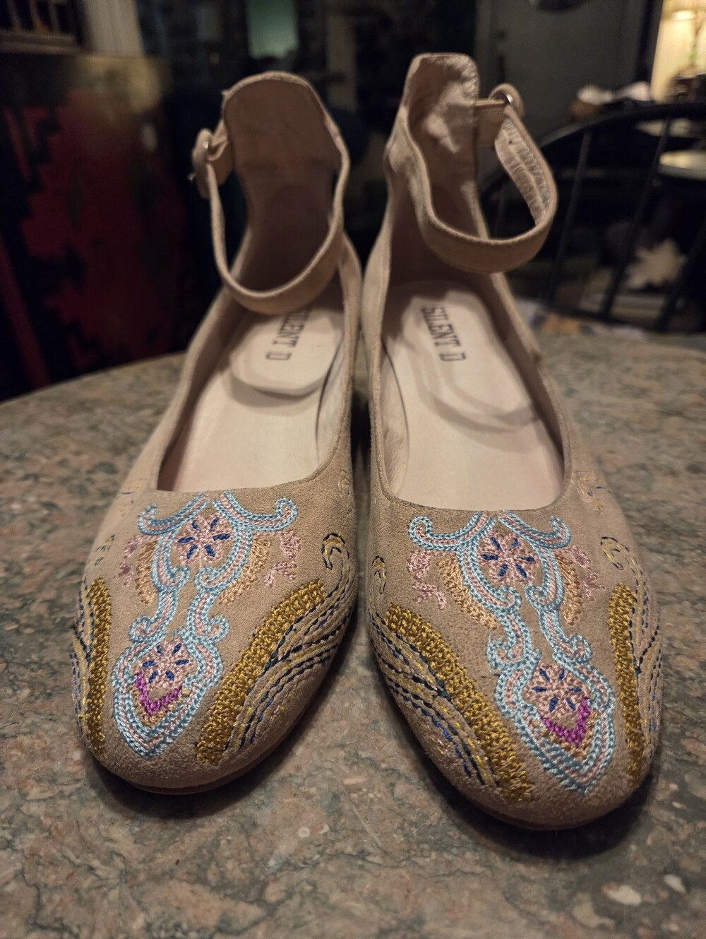 Silent D Women’s Embroidered Ankle-Strap Low Heels - Pale Pink